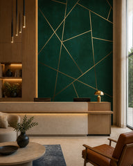 Gold lines on emerald wallpaper in a boutique hotel lobby.