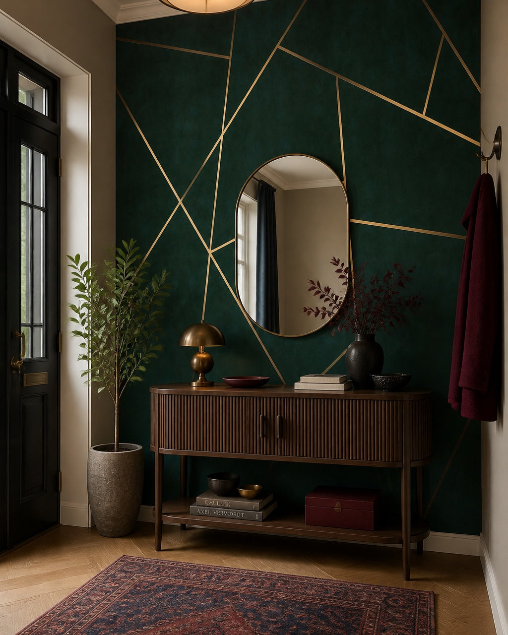 Gold lines on emerald wallpaper in a refined foyer.