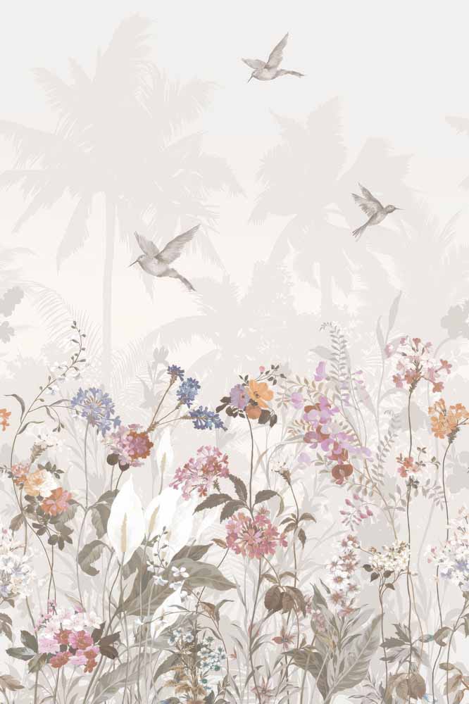 Papier peint fleurs sauvages et oiseaux – Panoramique prairie douce à l’aquarelle