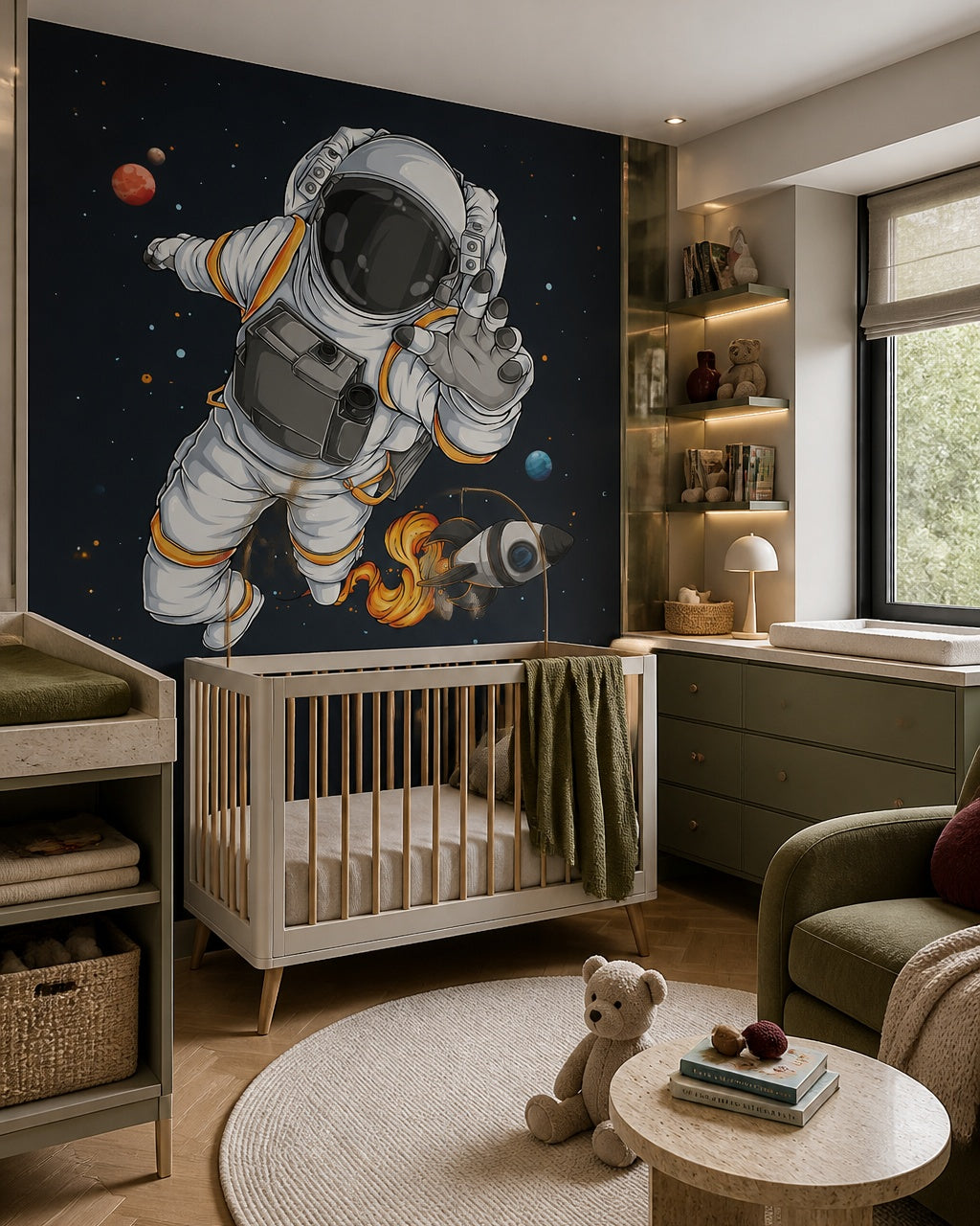 Cartoon astronaut wallpaper in a modern nursery with a crib.