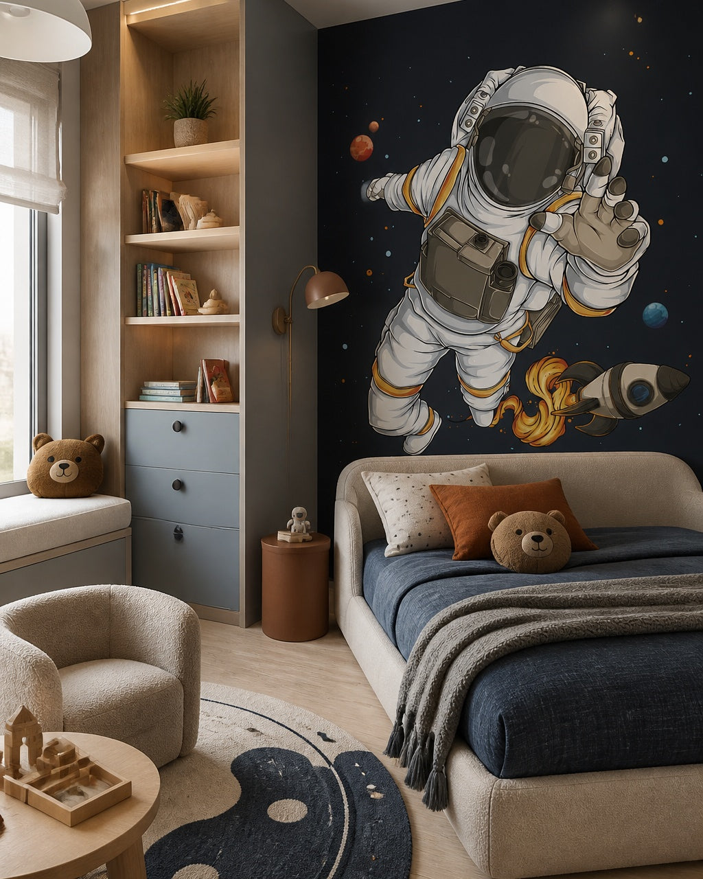 Cartoon astronaut wallpaper in a toddler bedroom with a child-sized bed.