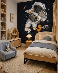 Cartoon astronaut wallpaper in a girl’s bedroom.