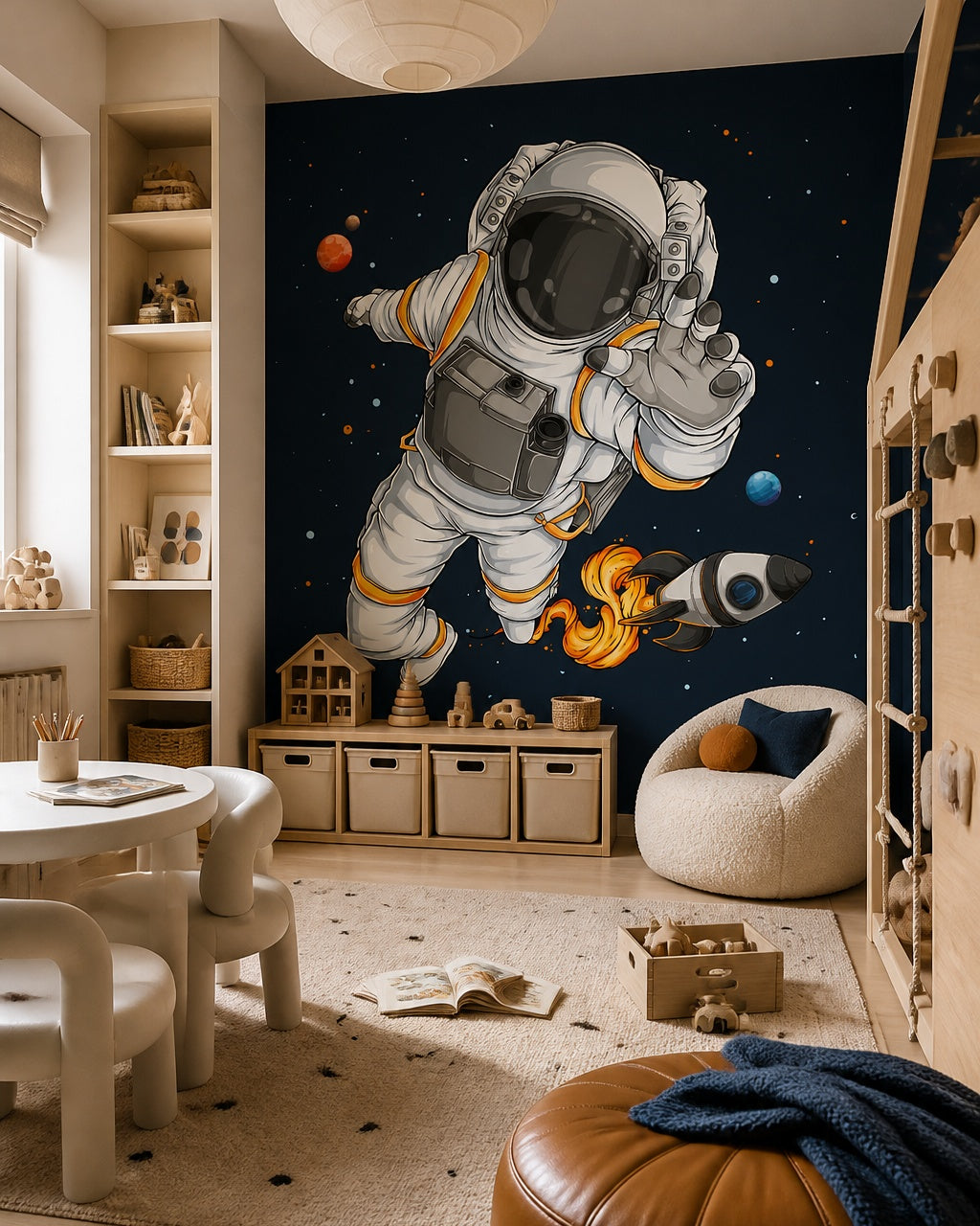 Cartoon astronaut wallpaper in a children’s playroom.