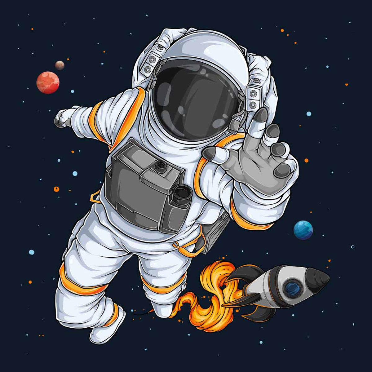 Cartoon astronaut-fotobehang – zwevende ruimtevaarder met raket
