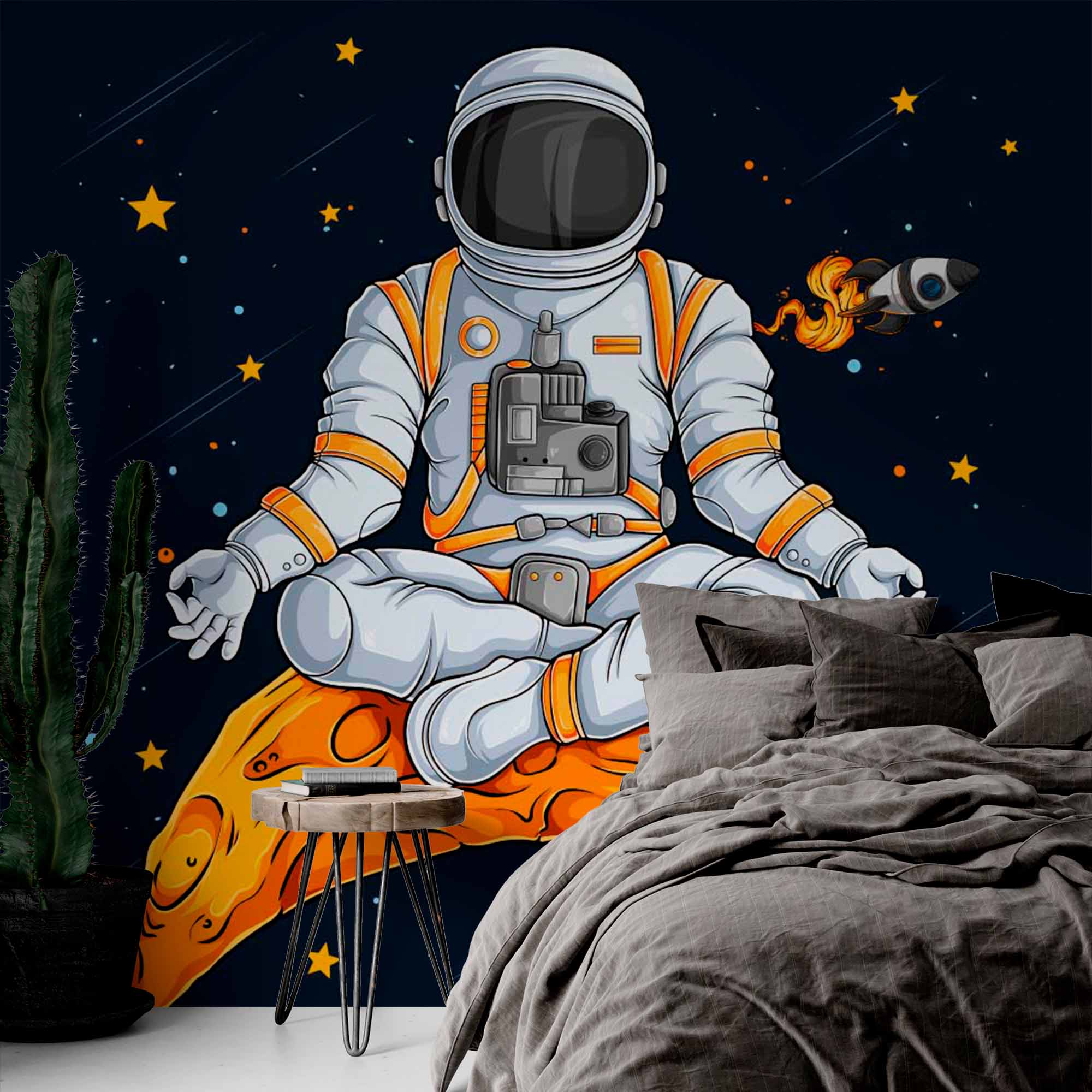 Zen Astronaut Wall Mural Wallpaper - Meditating in Space on a Crescent Moon