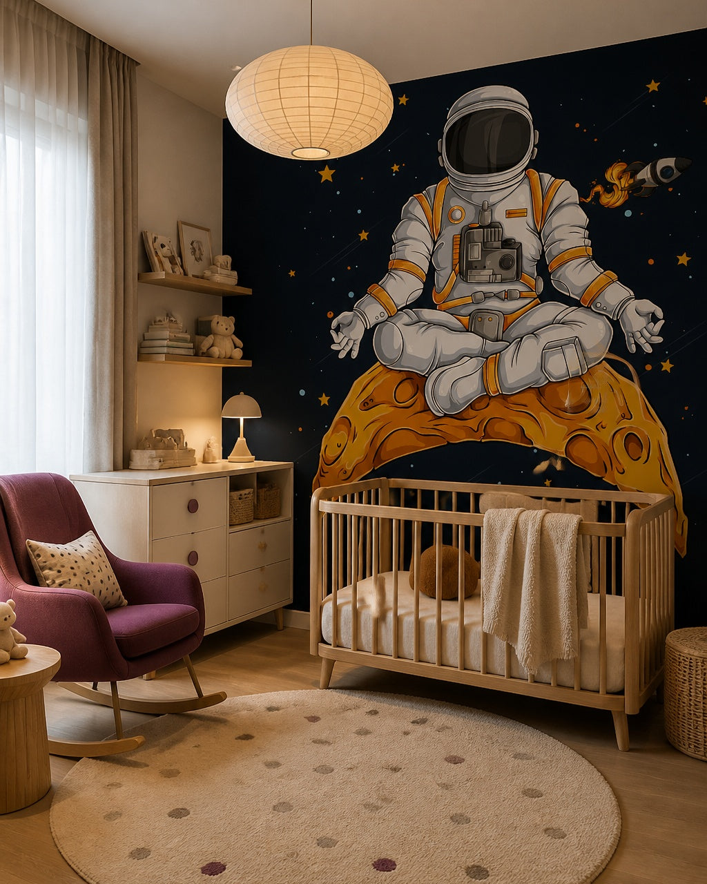 Meditating astronaut wallpaper in a modern nursery with a crib.