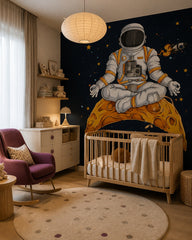 Meditating astronaut wallpaper in a modern nursery with a crib.