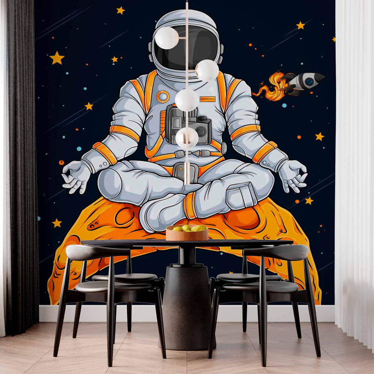 Custom Zen Astronaut Wall Mural Wallpaper - Meditating in Space on a Crescent Moon