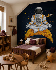 Meditating astronaut wallpaper in a toddler bedroom with a child-sized bed.