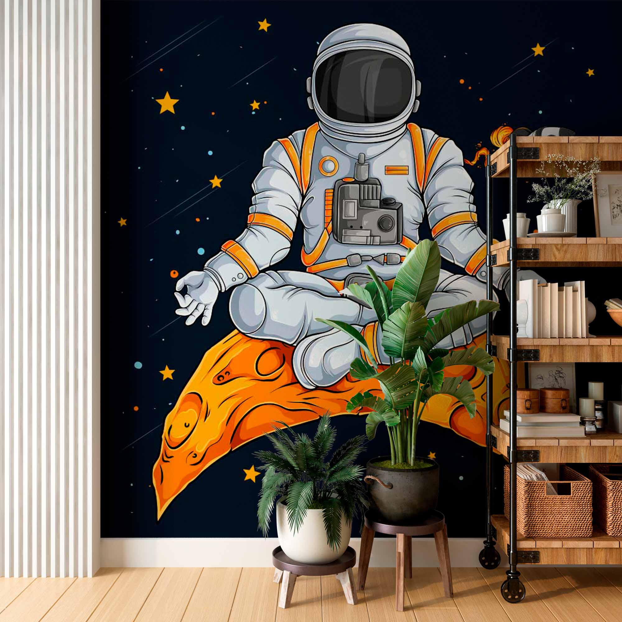 Zen Astronaut Wall Mural Wallpaper - Meditating in Space on a Crescent Moon