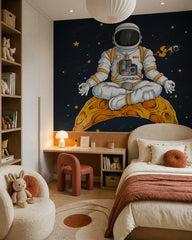Meditating astronaut wallpaper in a girl’s bedroom.