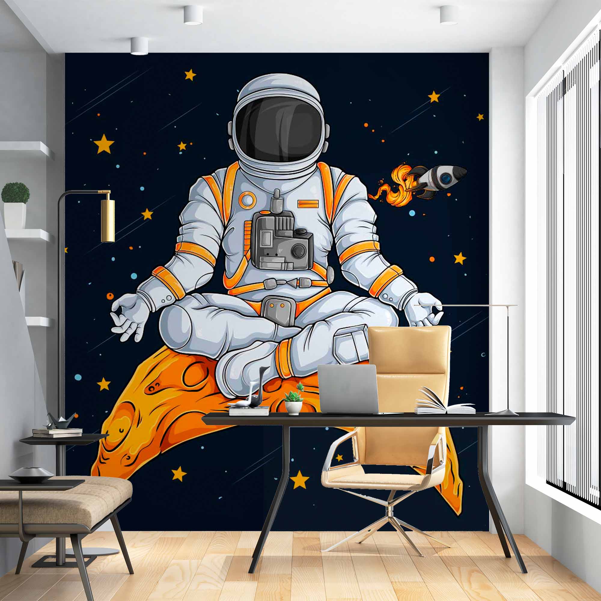 Zen Astronaut Wall Mural Wallpaper - Meditating in Space on a Crescent Moon