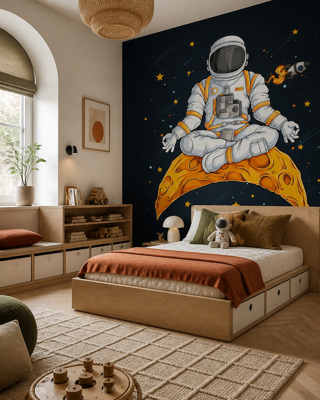 Meditating astronaut wallpaper in a boy’s bedroom.