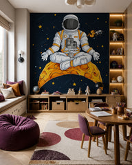 Meditating astronaut wallpaper in a children’s playroom.