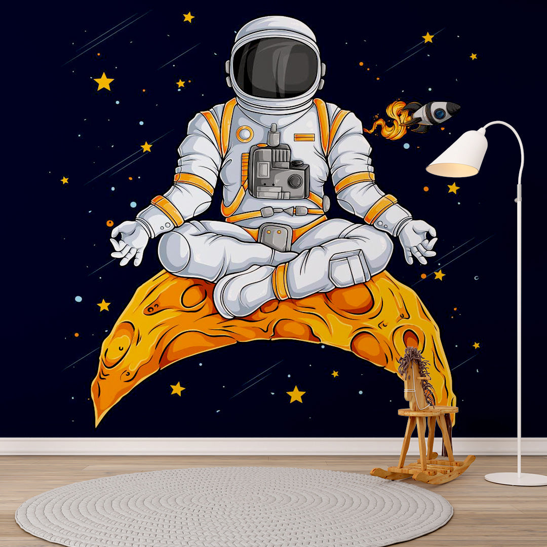 Kids Wall Murals Meditating Astronaut Open Space Black Wallpaper for Kids