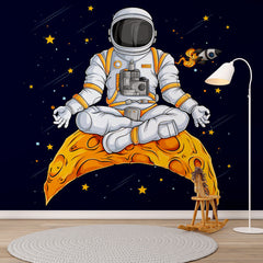 Custom  Kids Wall Murals Meditating Astronaut Open Space Black Wallpaper for Kids