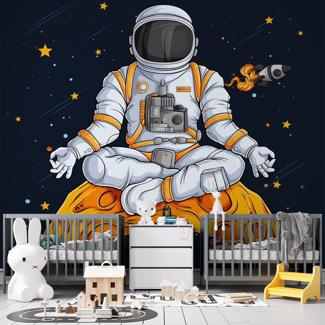 Kids Wall Murals Meditating Astronaut Open Space Black Wallpaper for Kids