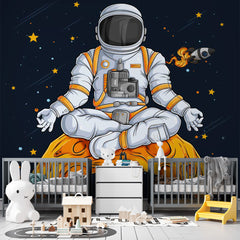 Custom  Kids Wall Murals Meditating Astronaut Open Space Black Wallpaper for Kids