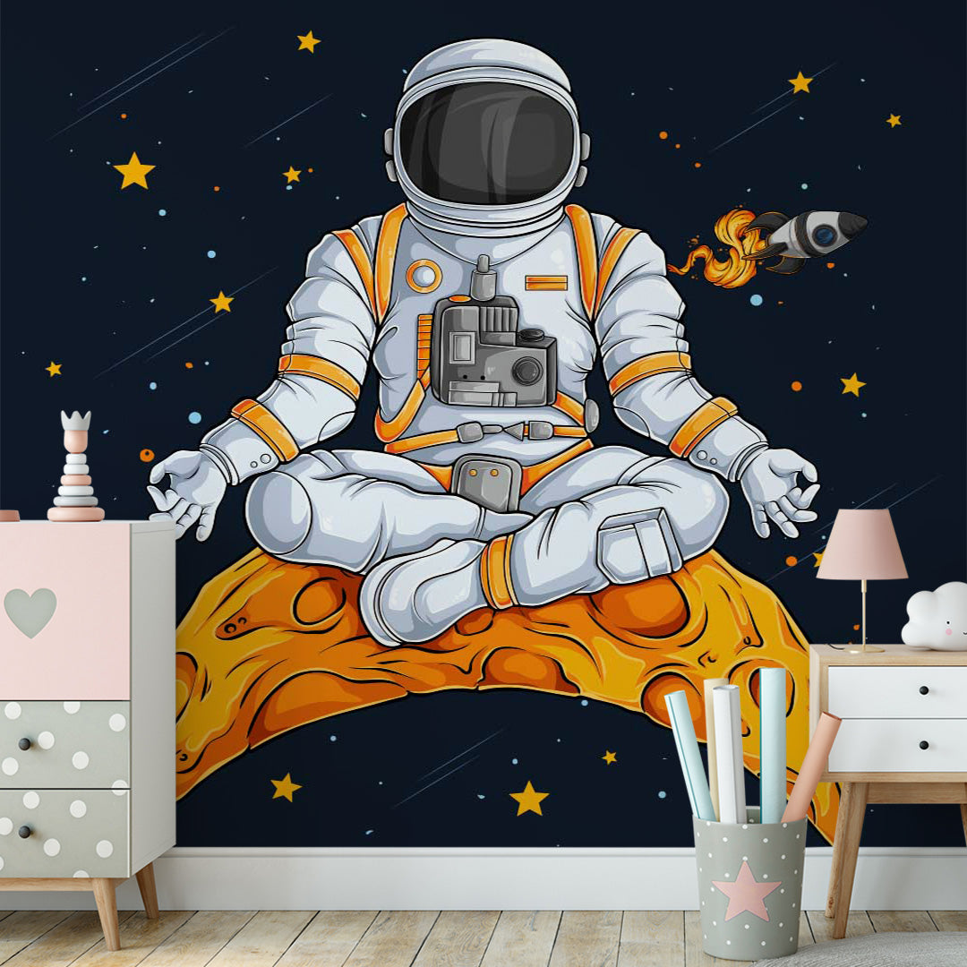 Kids Wall Murals Meditating Astronaut Open Space Black Wallpaper for Kids