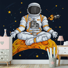 Custom  Kids Wall Murals Meditating Astronaut Open Space Black Wallpaper for Kids