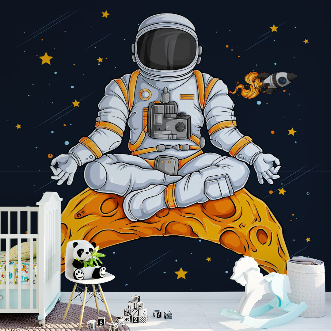 Kids Wall Murals Meditating Astronaut Open Space Black Wallpaper for Kids