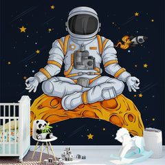 Custom  Kids Wall Murals Meditating Astronaut Open Space Black Wallpaper for Kids