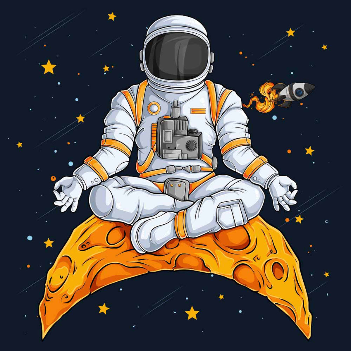 Fototapete Meditierender Astronaut – Zen-Raumfahrer auf der Mondsichel