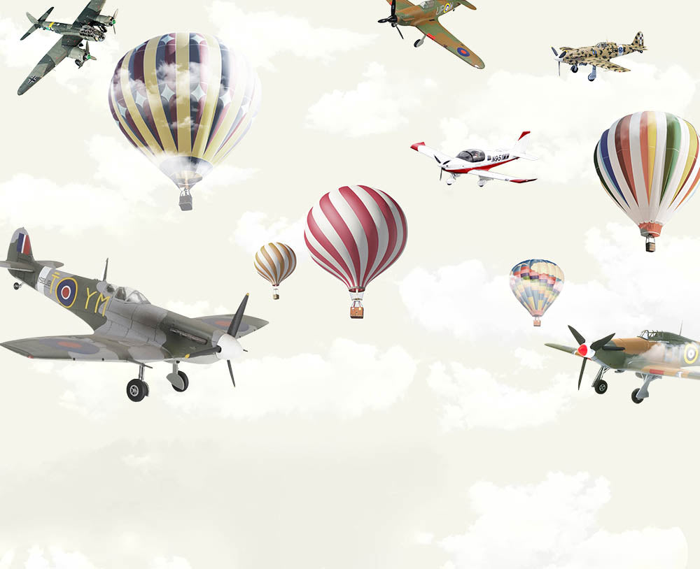 Kids Wall Mural Aircarfts Vintage Airplane Hot Air Ballons Wallpaper for Kids