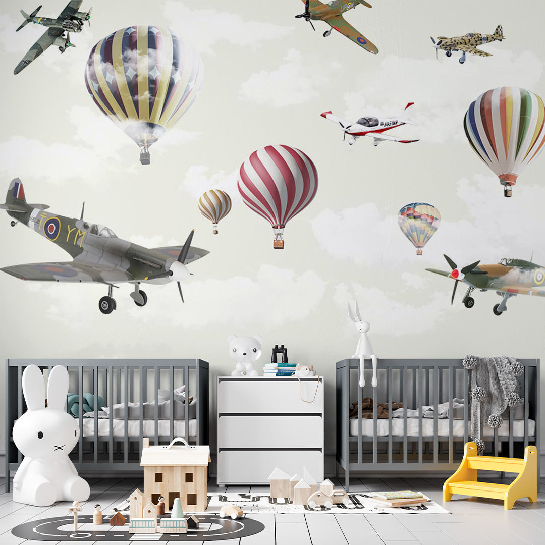 Kids Wall Mural Aircarfts Vintage Airplane Hot Air Ballons Wallpaper for Kids