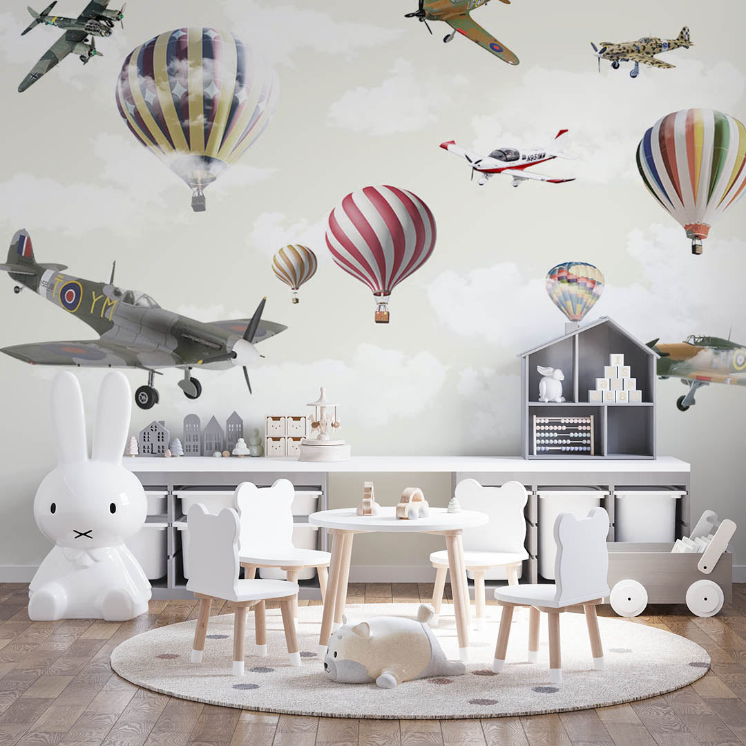 Kids Wall Mural Aircarfts Vintage Airplane Hot Air Ballons Wallpaper for Kids