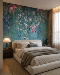 Exotic orchid wallpaper in a designer bedroom.