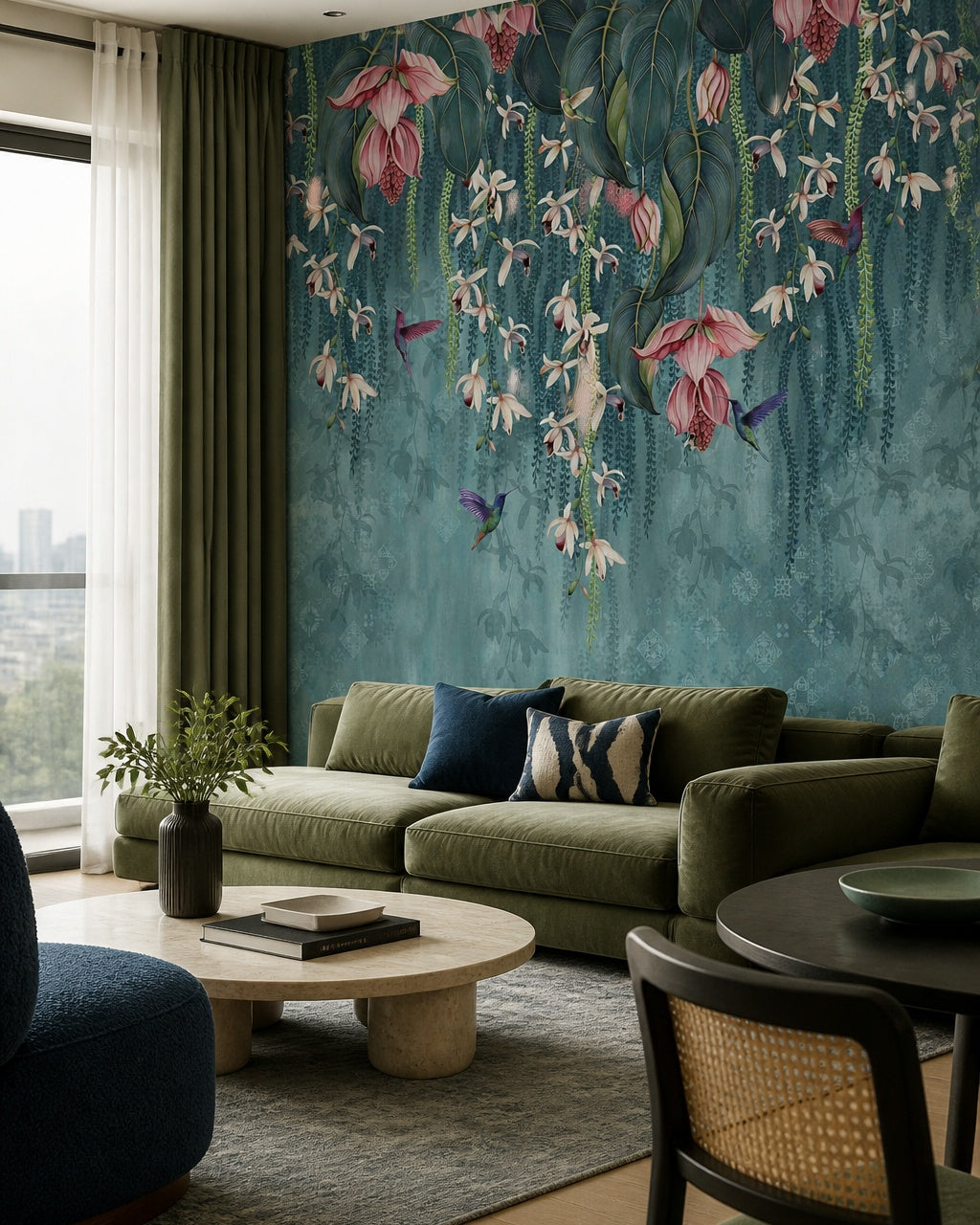 Exotic orchid wallpaper in a designer living room.