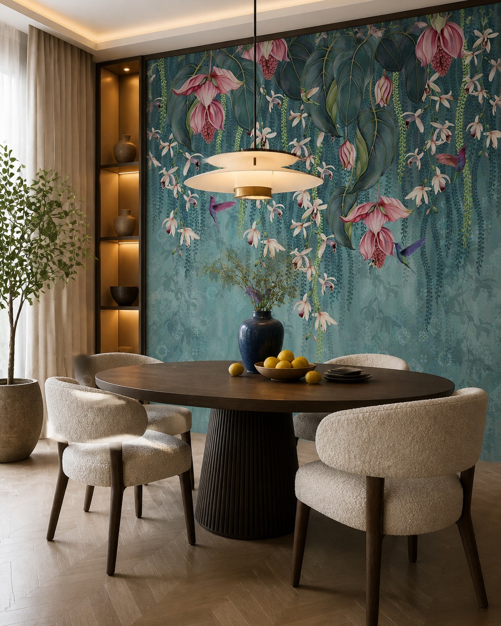 Exotic orchid wallpaper in a refined dining area.