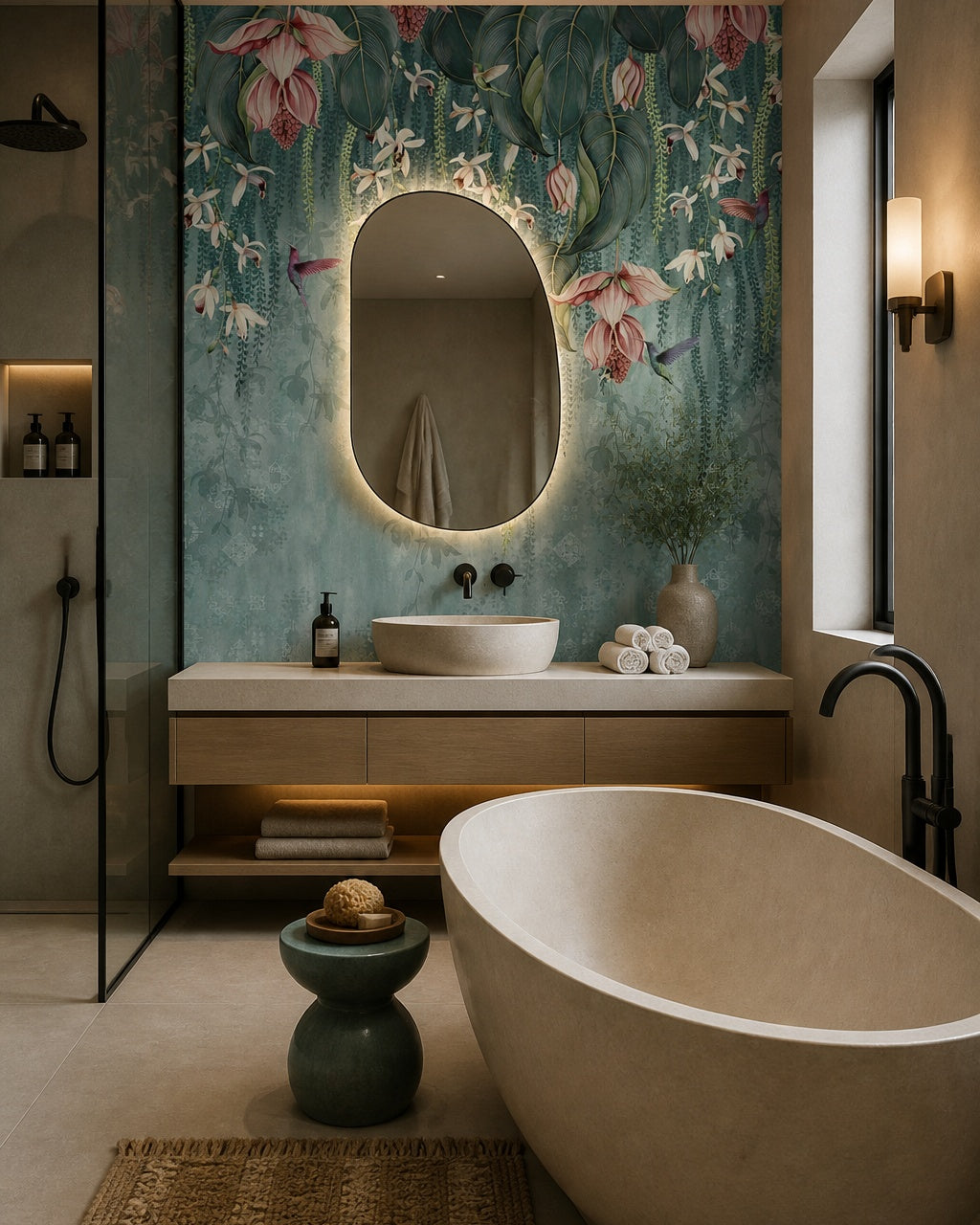 Exotic orchid wallpaper in a luxury bathroom.