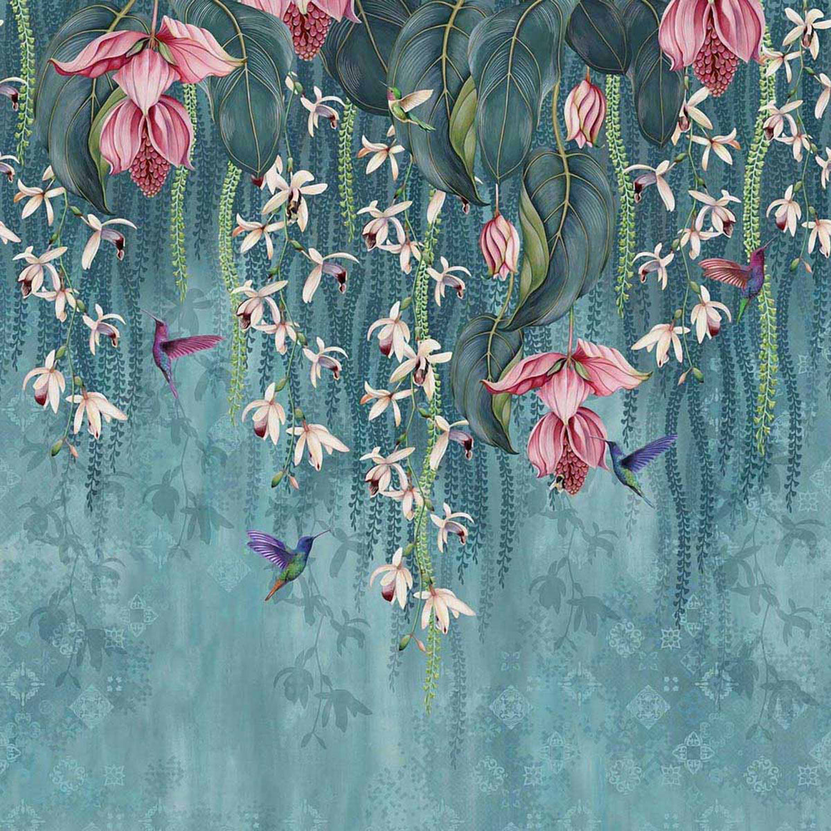 Papier peint orchidée exotique – Papier peint panoramique orchidées roses et colibris sur bleu canard