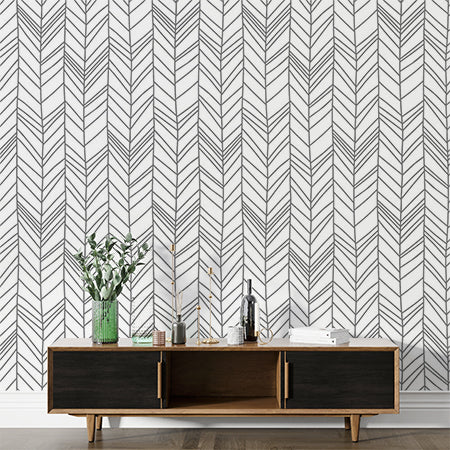 Minimalist Black and White Herringbone Pattern Wall Mural Wallpaper - Modern Linear Design