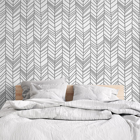 Minimalist Black and White Herringbone Pattern Wall Mural Wallpaper - Modern Linear Design