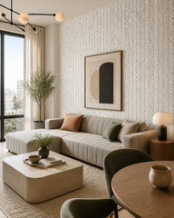 Black and white herringbone wallpaper in a designer living room.