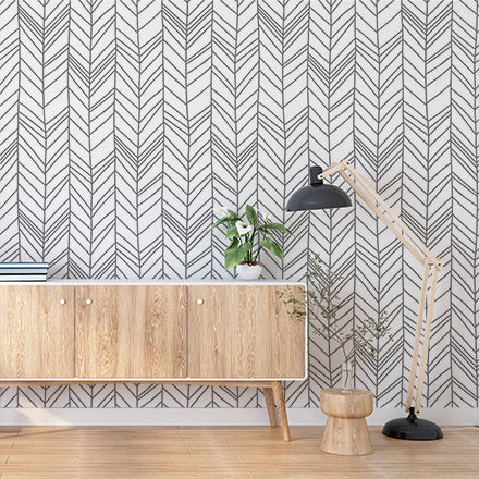 Minimalist Black and White Herringbone Pattern Wall Mural Wallpaper - Modern Linear Design