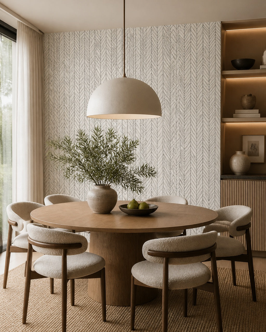 Black and white herringbone wallpaper in a refined dining area.