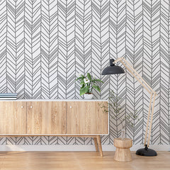 Custom Minimalist Black and White Herringbone Pattern Wall Mural Wallpaper - Modern Linear Design