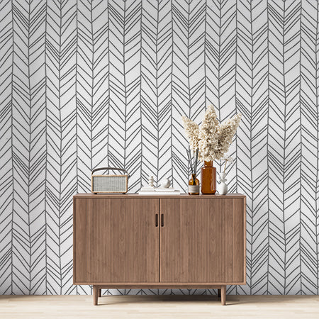 Minimalist Black and White Herringbone Pattern Wall Mural Wallpaper - Modern Linear Design