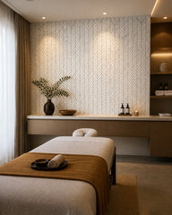 Black and white herringbone wallpaper in a wellness spa.