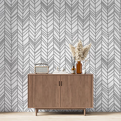 Custom Minimalist Black and White Herringbone Pattern Wall Mural Wallpaper - Modern Linear Design