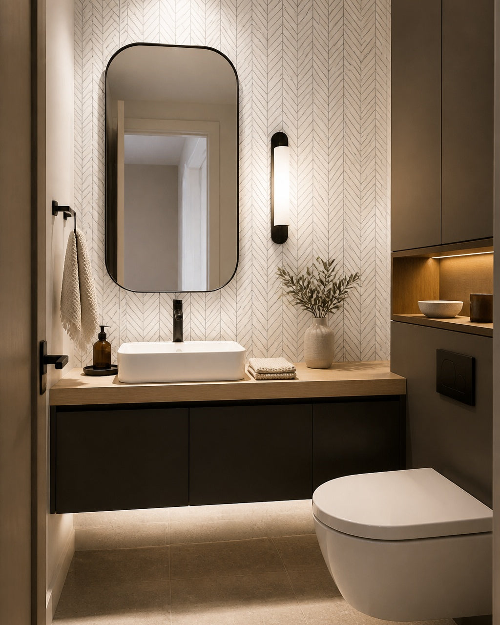 Black and white herringbone wallpaper in an elegant powder room.