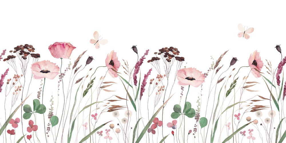 Watercolor Wildflower Field Wall Mural - Pastel Pink Poppies and Meadow Flowers Wallpaper