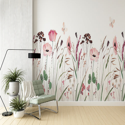 Watercolor Wildflower Field Wall Mural - Pastel Pink Poppies and Meadow Flowers Wallpaper