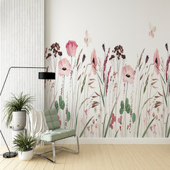 Custom Watercolor Wildflower Field Wall Mural - Pastel Pink Poppies and Meadow Flowers Wallpaper