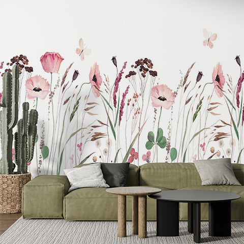 Watercolor Wildflower Field Wall Mural - Pastel Pink Poppies and Meadow Flowers Wallpaper