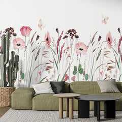 Custom Watercolor Wildflower Field Wall Mural - Pastel Pink Poppies and Meadow Flowers Wallpaper